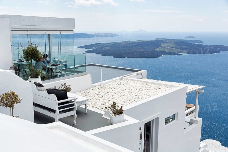 Characteristic white holiday homes with views of the caldera and the Aegean Sea, island, Firostefani, Thira, Santorini, Cyclades, Greece