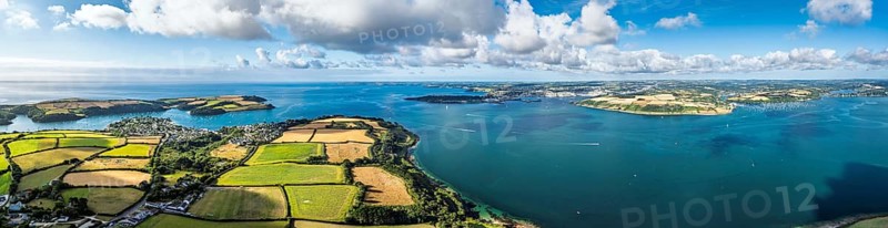 Panorama of Farms and Fields over St Mawes from drone, Carrick Roads, River Fal, Falmouth, Cornwall, UK