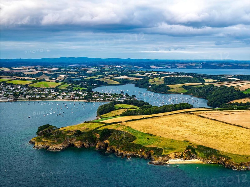 St Anthony Lighthouse from drone, Roseland peninsula, Head circular walk, Cornwall, UK