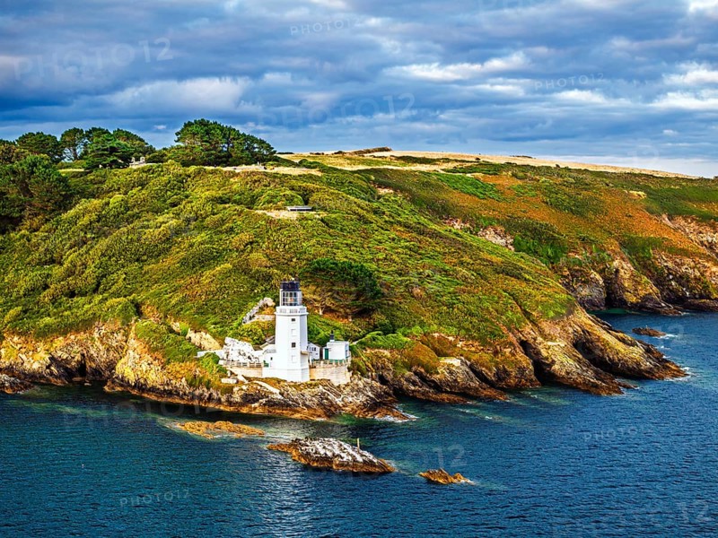 St Anthony Lighthouse from drone, Roseland peninsula, Head circular walk, Cornwall, UK