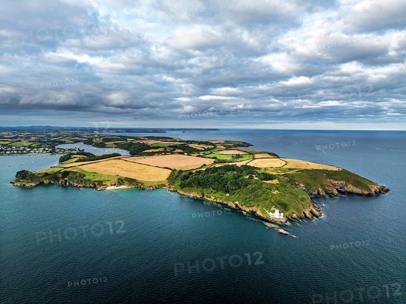 St Anthony Lighthouse from drone, Roseland peninsula, Head circular walk, Cornwall, UK