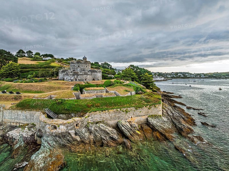 St Mawes Castle from a drone, Carrick Roads, River Fal, Falmouth, Cornwall, UK