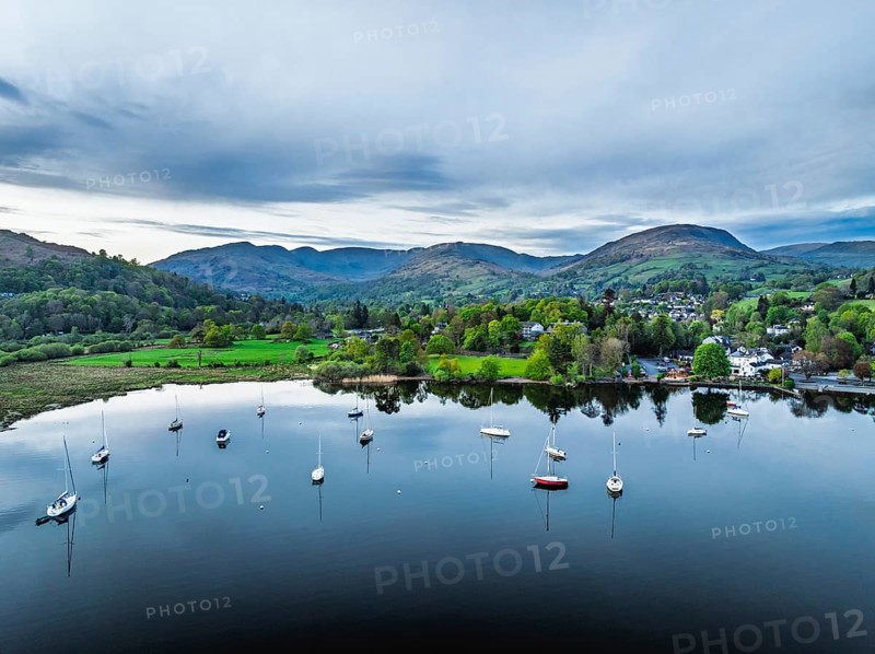 Sunset over Windermere Lake from a drone, Ambleside, Lake District, Cumbria, England, United Kingdom