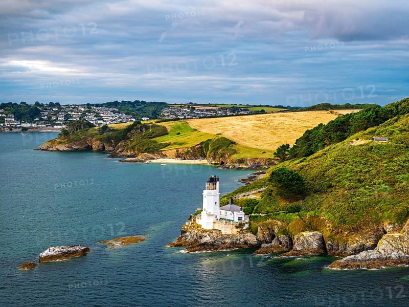 St Anthony Lighthouse from drone, Roseland peninsula, Head circular walk, Cornwall, UK