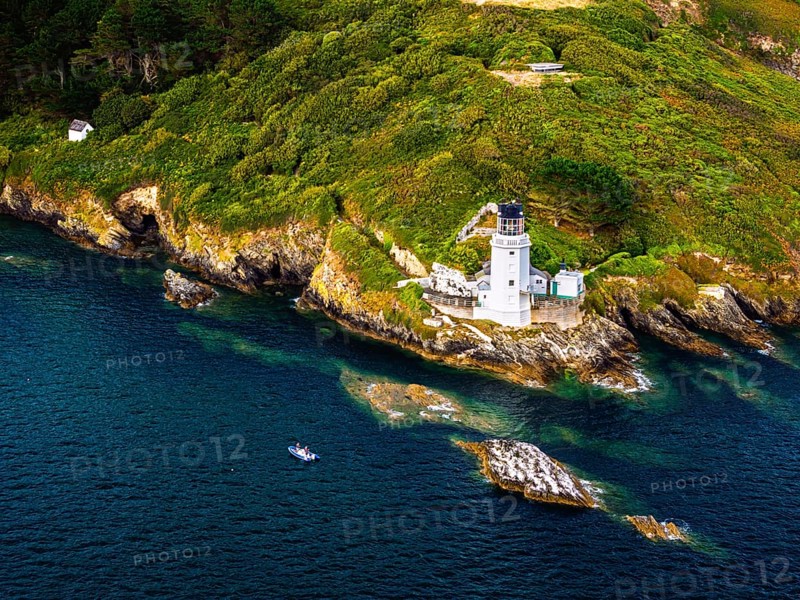 St Anthony Lighthouse from drone, Roseland peninsula, Head circular walk, Cornwall, UK