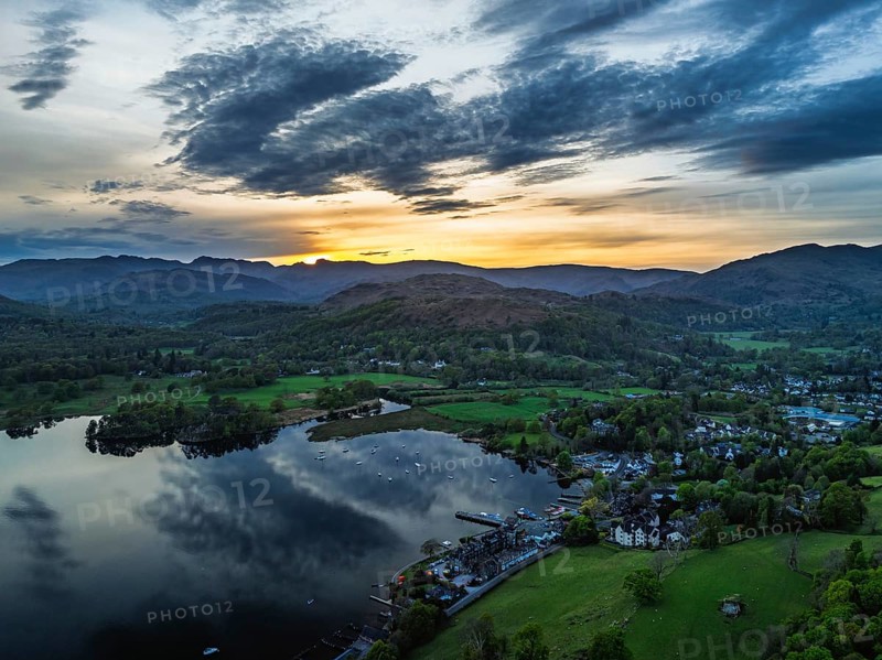 Sunset over Windermere Lake from a drone, Ambleside, Lake District, Cumbria, England, United Kingdom