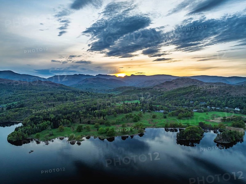 Sunset over Windermere Lake from a drone, Ambleside, Lake District, Cumbria, England, United Kingdom