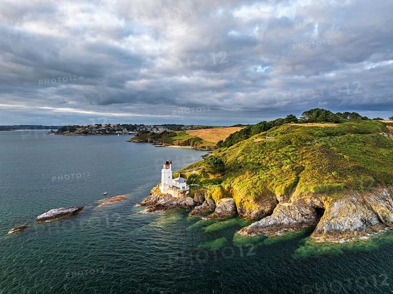 St Anthony Lighthouse from drone, Roseland peninsula, Head circular walk, Cornwall, UK