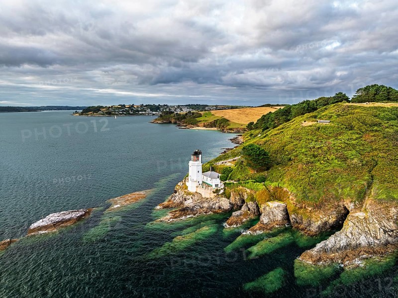 St Anthony Lighthouse from drone, Roseland peninsula, Head circular walk, Cornwall, UK