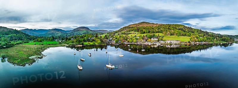 Panorama of Sunset over Windermere Lake from a drone, Ambleside, Lake District, Cumbria, England, United Kingdom