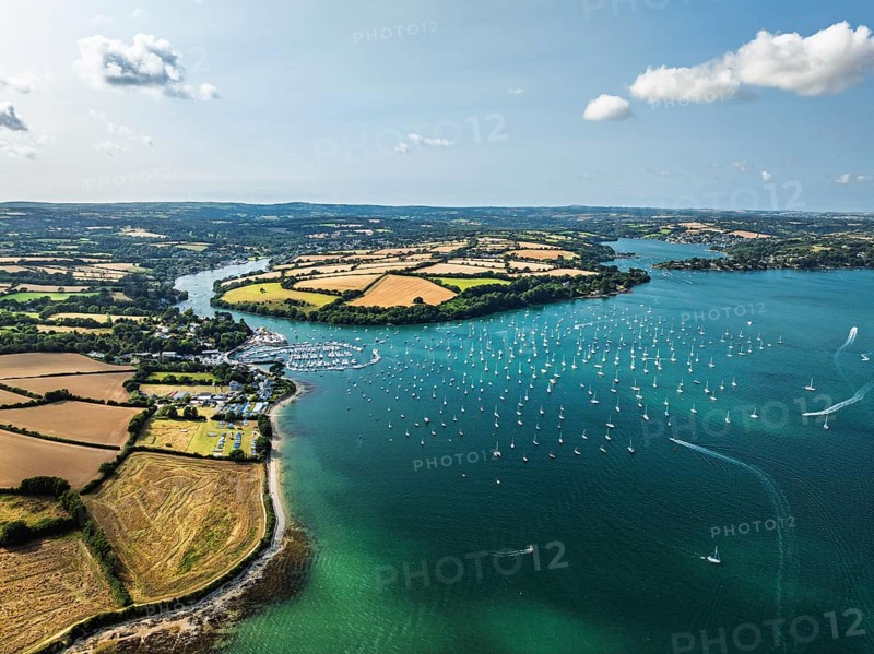 Mylor Churchtown Village from a drone, Carrick Roads, River Fal, Falmouth, Cornwall, UK