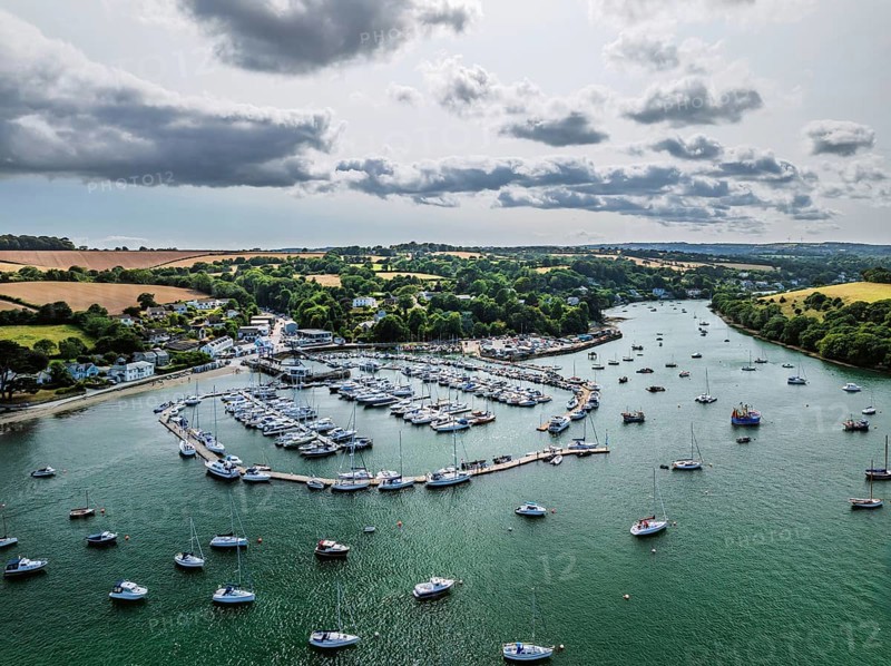 Mylor Churchtown Village from a drone, Carrick Roads, River Fal, Falmouth, Cornwall, UK