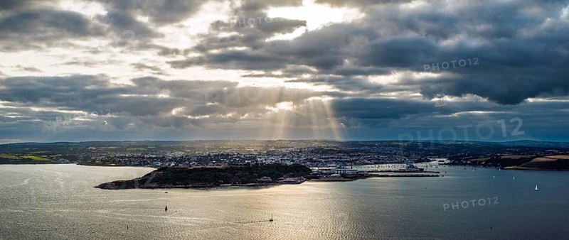 Panorama of Sunset over Pendennis Castle and Pendennis Point from a drone, Falmouth, Cornwall, UK