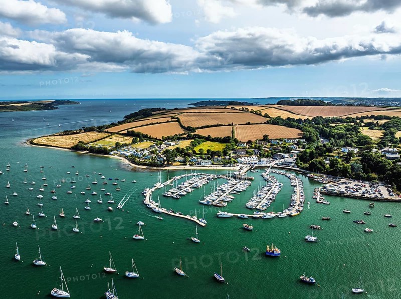 Mylor Churchtown Village from a drone, Carrick Roads, River Fal, Falmouth, Cornwall, UK