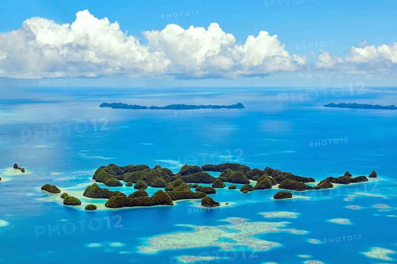 Aerial view bird's eye view of part of 70 islands in lagoon of island paradise island state Palau in the Pacific West Pacific, Republic of Palau, Micronesia, Australia, Oceania