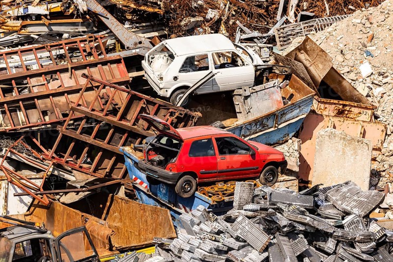 Scrap metal trade in the commercial harbour of Mannheim. Scrap vehicles and scrap metal. Mannheim, Baden-Württemberg, Germany