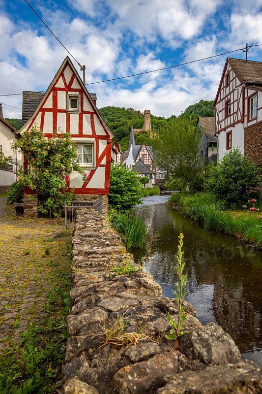 A historic half-timbered village in the morning. Beautiful light in Monreal im Elztal, Mayen-Koblenz district, Rhineland-Palatinate, Germany