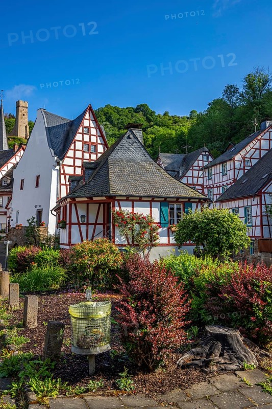 A historic half-timbered village in the morning. Beautiful light in Monreal im Elztal, Mayen-Koblenz district, Rhineland-Palatinate, Germany