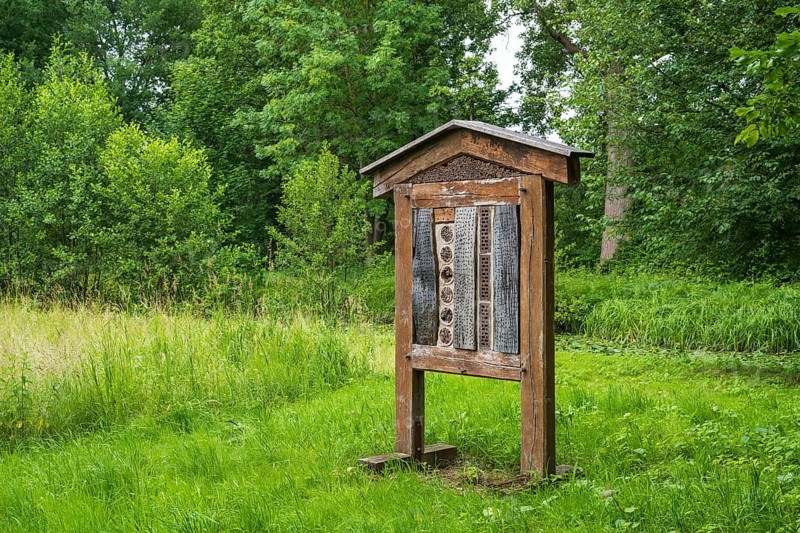 Insect hotel in a meadow, Rheda-Wiedenbrück, Westphalia, North Rhine-Westphalia, Germany