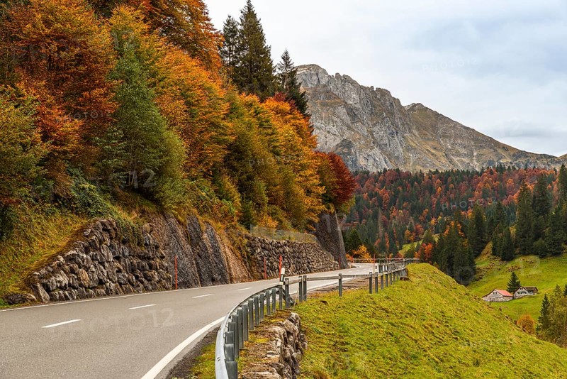 Pass road to Schwägalp through autumn landscape, Canton Appenzell Ausserrhoden, Switzerland