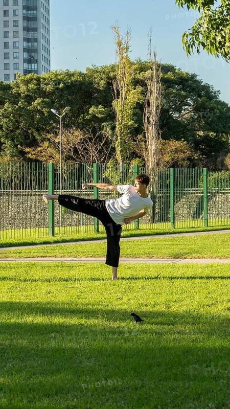 Martial artist performing a high kick outdoors