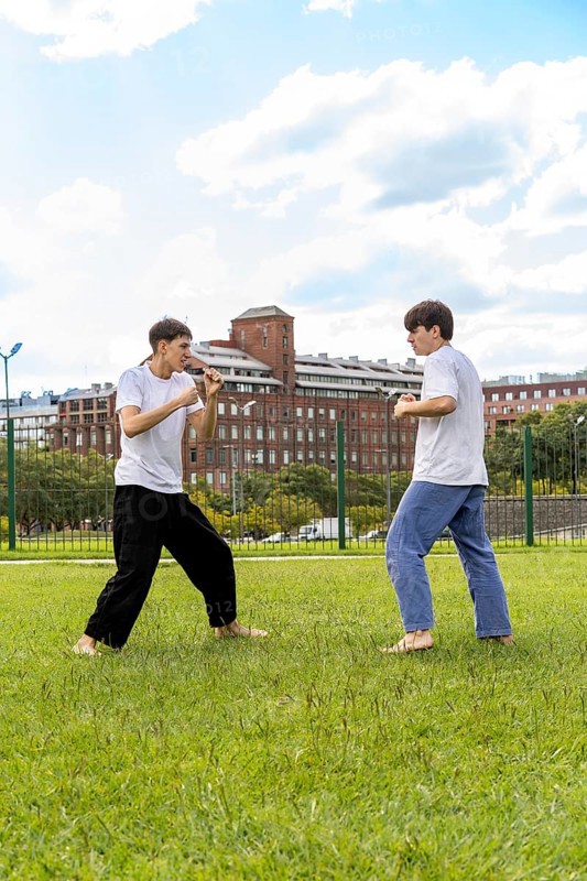 Martial artists training together in a park