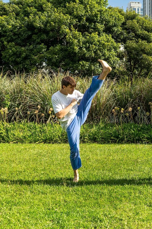 Young man performing a Taekwondo front kick outdoors