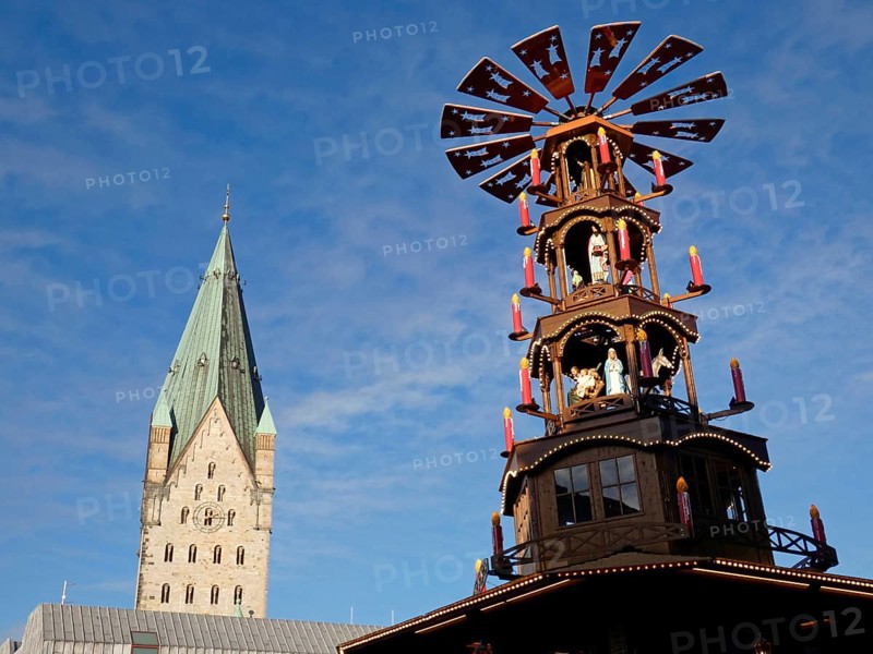Paderborn Cathedral with Christmas pyramid during the Advent season