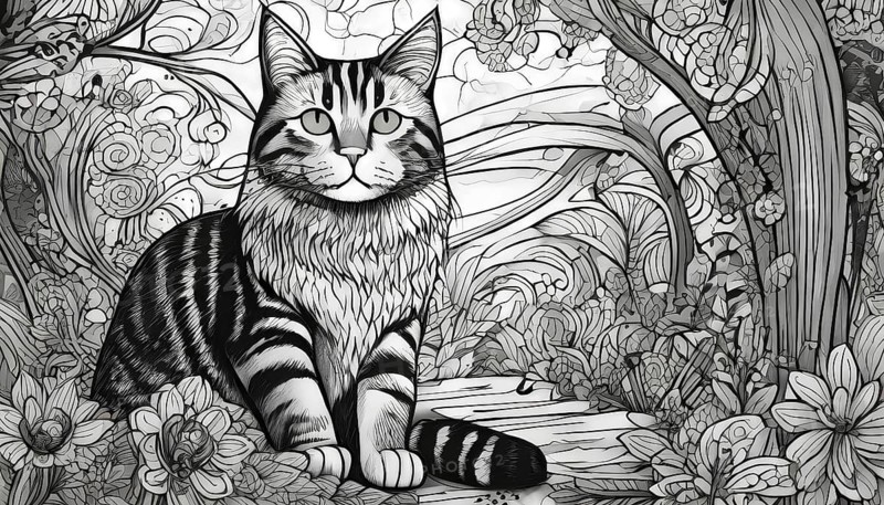 A black and white drawing of a cat sitting in a forest. The cat is looking at the camera with a curious expression. The forest is filled with various types of flowers, creating a peaceful, AI generated