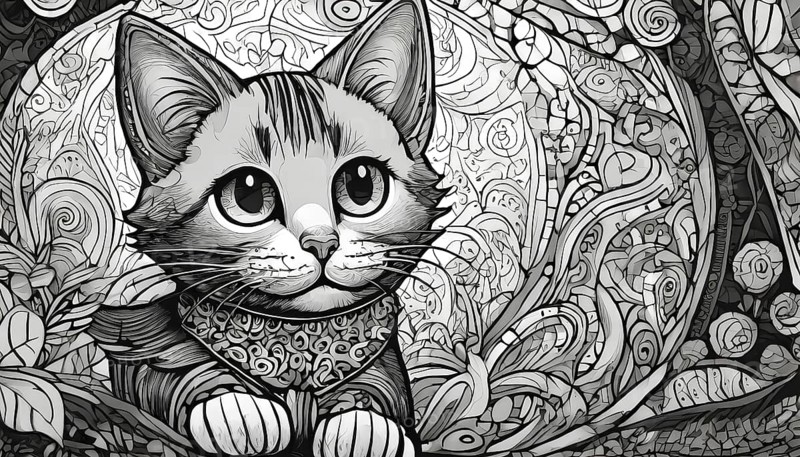 A cat is sitting on a bed with a flowery pattern. The cat is wearing a bandana and has a curious expression on its face, AI generated