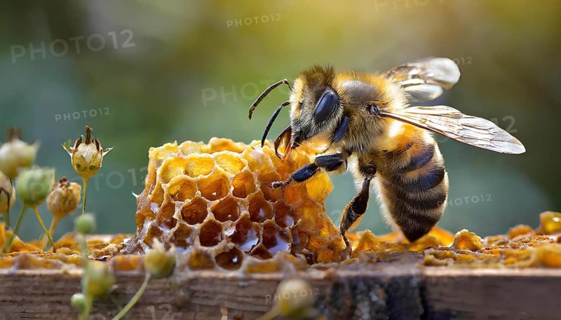 A bee is eating honey from a honeycomb. Concept of natural beauty and harmony, as the bee is enjoying a sweet treat from nature. The scene also highlights the importance of bees in pollination, AI generated