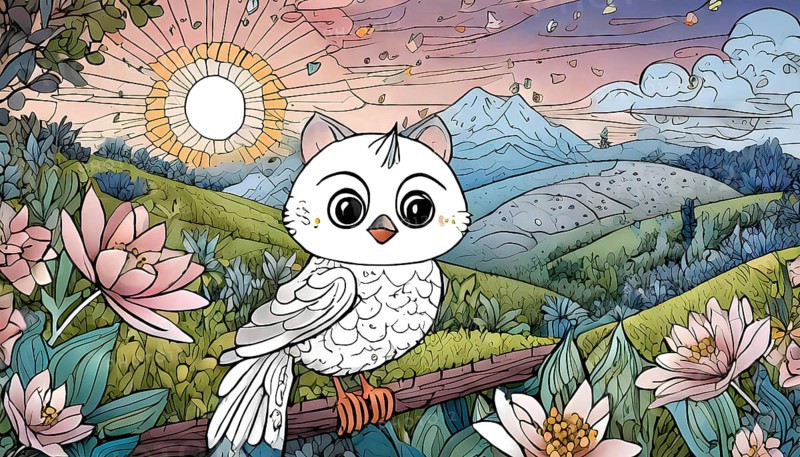 A cartoon owl is perched on a branch in a lush green field. The sky is filled with clouds and the sun is shining brightly. The scene is peaceful and serene, with the owl looking up at the sky, AI generated