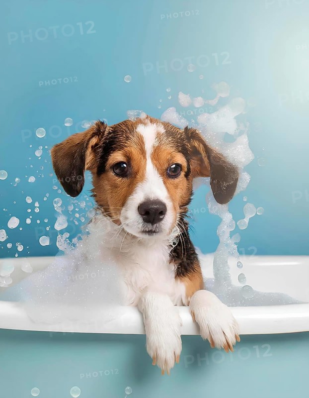 A dog is in a bathtub with bubbles. The dog is brown and white, AI generated