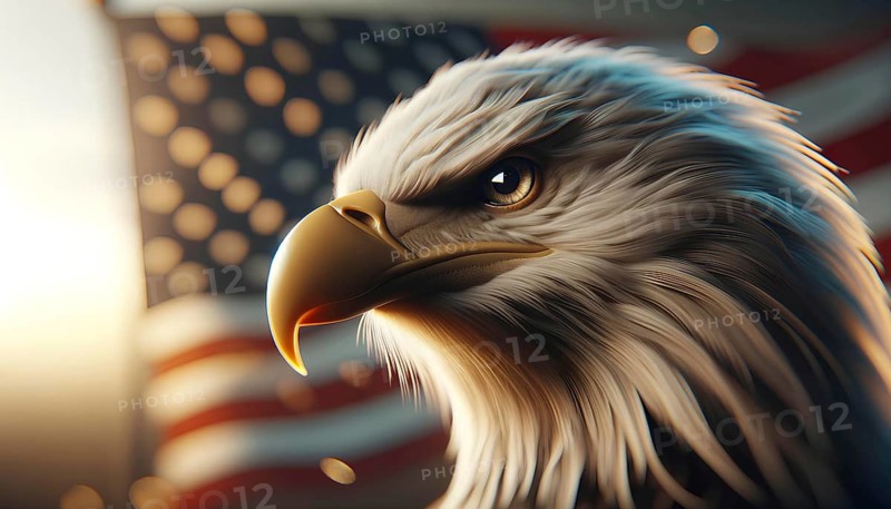 A bald eagle with its head turned to the right, looking at the camera. The eagle is in front of an American flag, AI generated