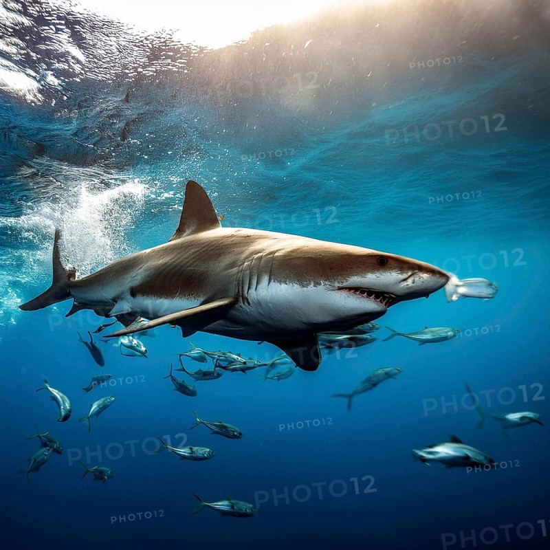 A great white shark swims among a school of fish in the deep blue ocean, showcasing its powerful presence and underwater marine life, AI generated