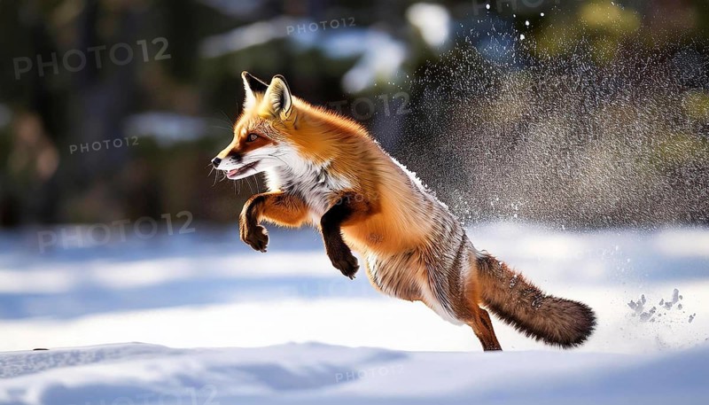 A red fox is captured mid-leap in a snowy forest, its fur glowing in the sunlight while snowflakes scatter around it in motion, AI generated