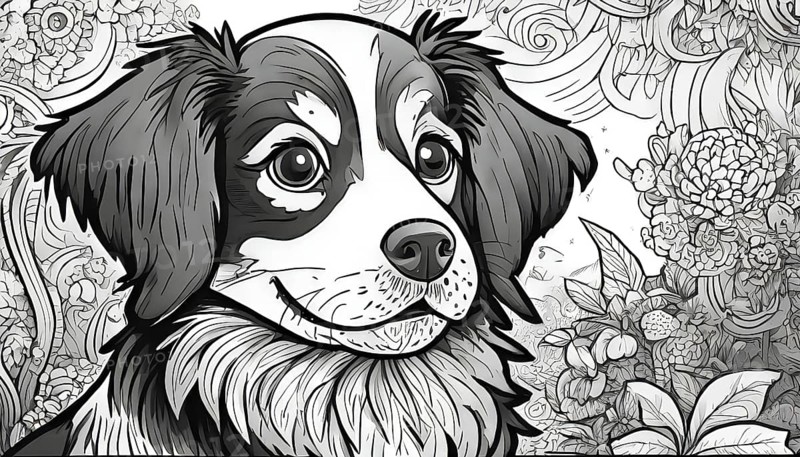 A black and white drawing of a dog with a flowery background. The dog has a happy expression and is looking at the camera, AI generated