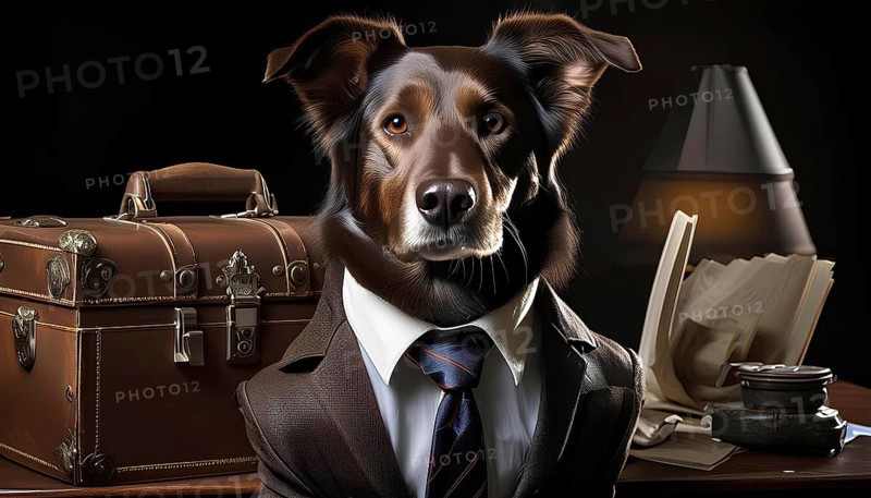 A dog is wearing a suit and tie and sitting in front of a desk with a briefcase and a book, AI generated