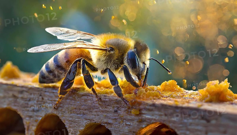 A bee is eating honey from a wooden board. The bee is surrounded by a lot of dust, which is falling from the board, AI generated