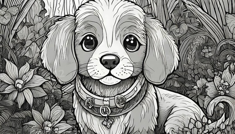 A black and white drawing of a dog wearing a collar. The dog is looking at the camera with a sad expression, AI generated