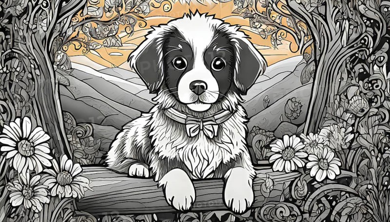 A black and white drawing of a dog sitting on a log. The dog is wearing a bow tie and has a collar. The image has a whimsical and playful mood, AI generated