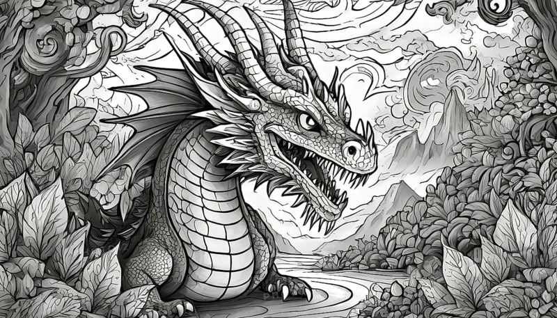 A black and white drawing of a dragon with its mouth open. The dragon is surrounded by trees and mountains, giving the impression of a wild and untamed landscape. Scene is one of adventure and danger, AI generated