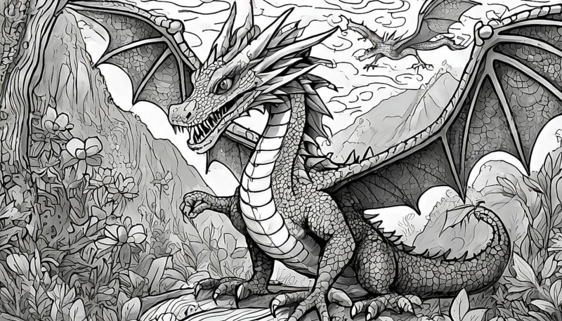 A black and white drawing of a dragon with its mouth open. The dragon is standing on a rock in a forest, AI generated