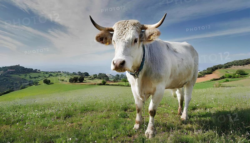 A white cow with a blue collar stands in a field. The cow is looking at the camera, AI generated