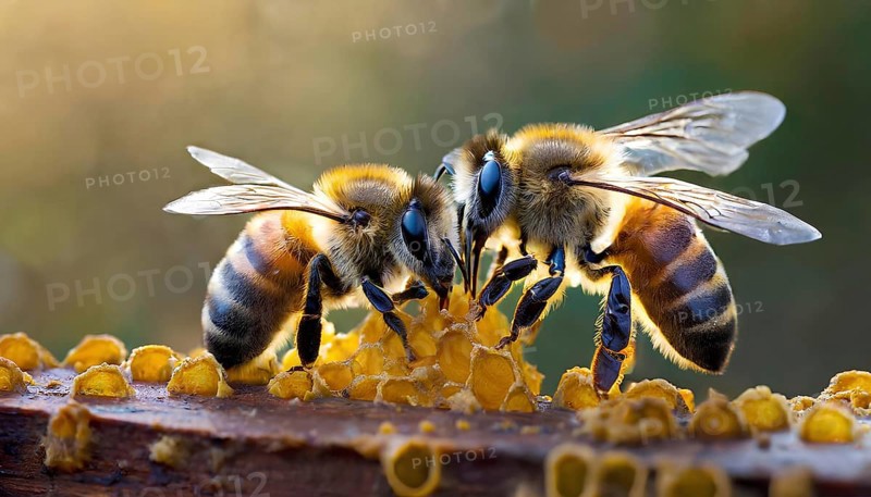 Two bees are eating honey from a hive. The bees are close to each other and are both focused on the honey, AI generated