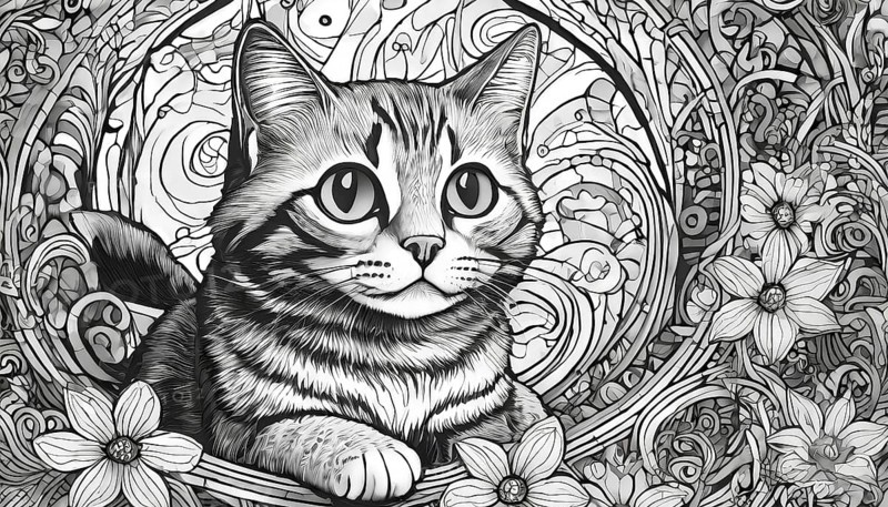 A cat is sitting on a flower bed. The cat is looking at the camera. The flowers are in the background, AI generated