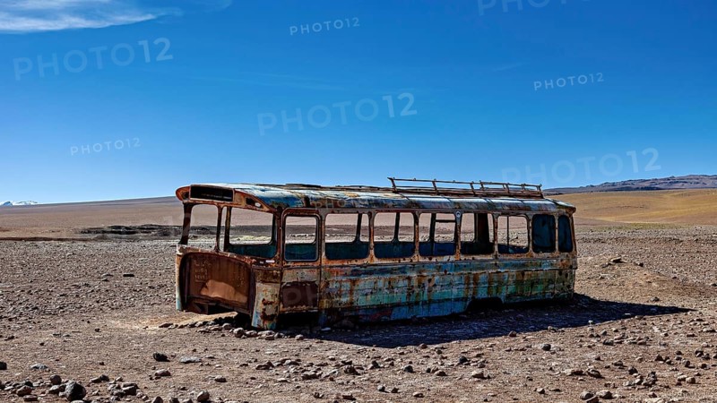 A rusty bus stands in a lonely desert landscape under a clear blue sky, An old Bus at the Border Control between Chile and Bolivia