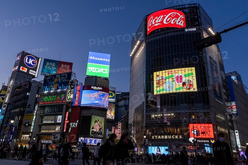 Crowd crossing the zebra crossings of Shibuya Crossing, world-famous intersection in Shibuya district, behind it neon signs and billboards on skyscrapers at dusk, tourist attraction, landmark, Shibuya district, Tokyo, Japan