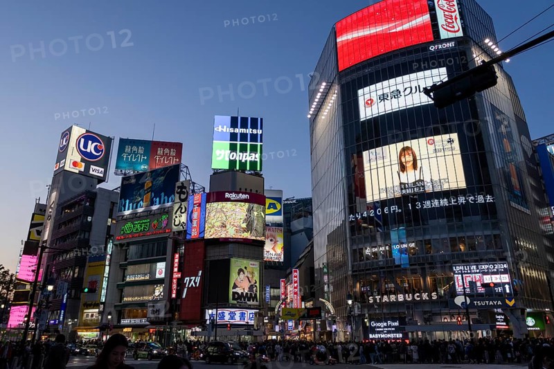 Crowd waiting at the zebra crossing of Shibuya Crossing, world-famous intersection in Shibuya district, behind neon signs and billboards on skyscrapers at dusk, tourist attraction, sight, Shibuya district, Tokyo, Japan