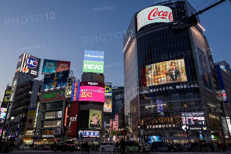 Cars in traffic at Shibuya Crossing, world-famous intersection in the Shibuya district, behind it neon signs and billboards on skyscrapers at dusk, tourist attraction, sight, Shibuya district, Tokyo, Japan